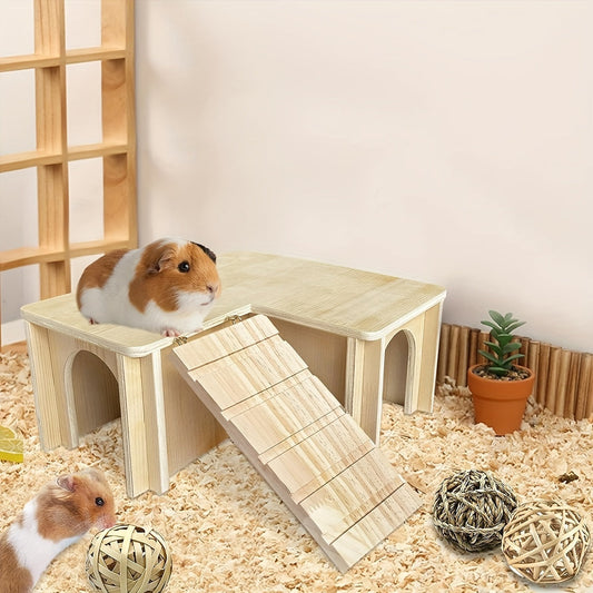 Guinea Pig Hideout House – Wooden Castle with Multiple Chambers & Ladder, Small Animal Habitat Accessory for Hamster, Chinchilla, Dwarf Rabbit, Hedgehog