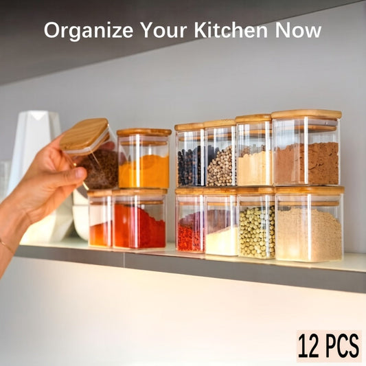 Spice Glass Jars Set with Labels 12pcs, Square Glass Spice Jars with Bamboo Lids, Sticker Labels, 5oz 7oz 9oz Food Storage Containers