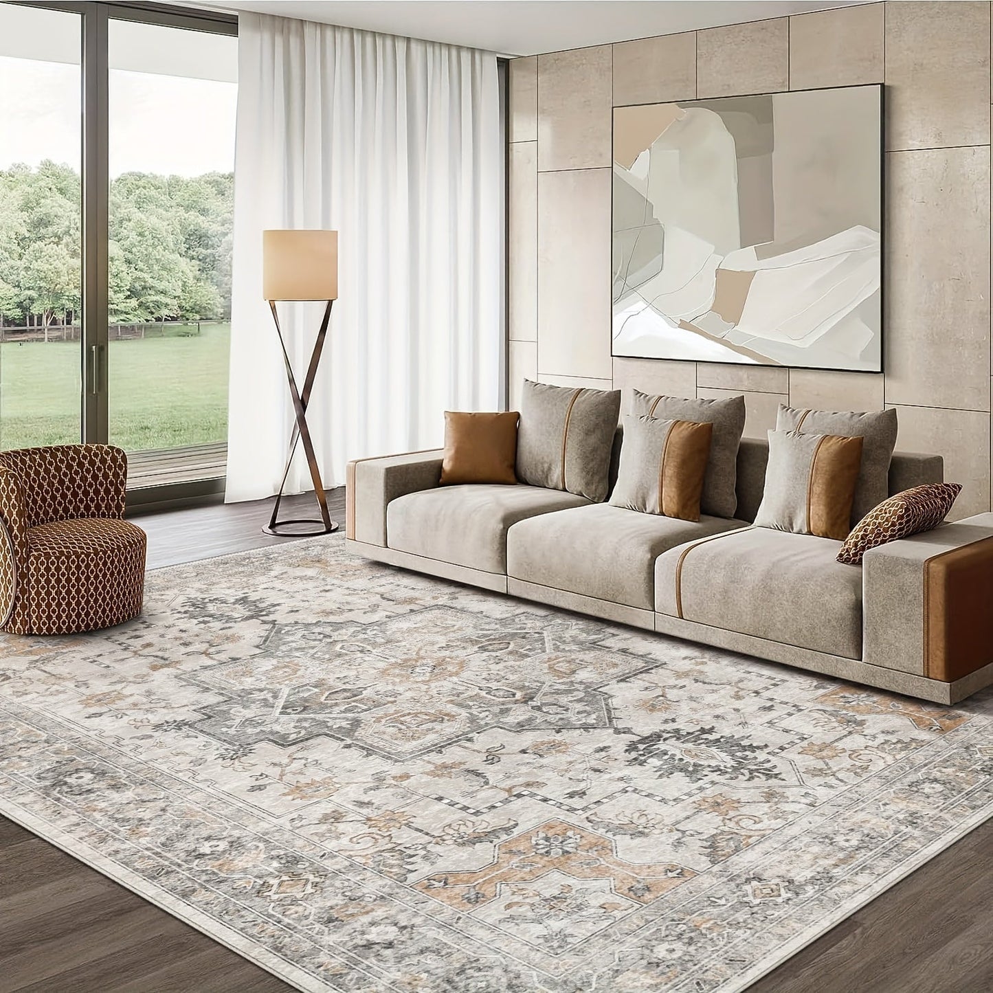 Area Rug Vintage Chenille Print in Light Taupe Brown with Eight Runner and Room Size Options