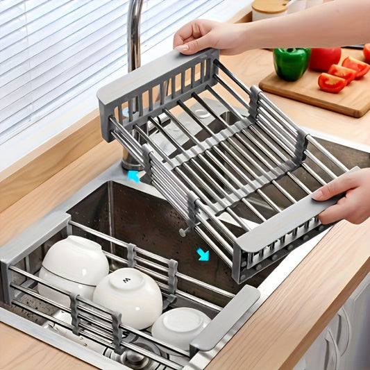 Dish Drying Rack Stainless Steel Adjustable – Expandable Over Sink Dish Rack with Retractable Width & Height for Kitchen Countertop, Space-Saving 304 Stainless Steel Drainer, Easy to Clean