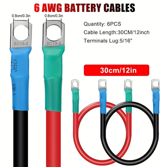 6AWG Battery Inverter Cables - 6-Pack 12-Inch Pure Copper Red & Black Cables with 5/16" Tinned Copper Lugs, PVC Insulated for Car, Truck, Boat, Solar & Battery Pack Parallel or Series Connections