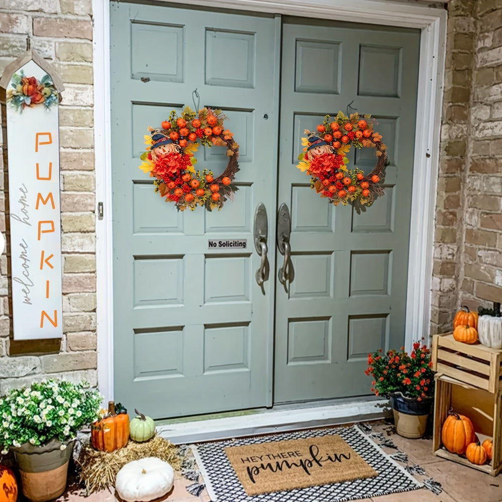 Autumn Front Door Wreath with Pumpkins, Maple Leaves, Red Flowers and Harvest Doll Accent for Seasonal Decor
