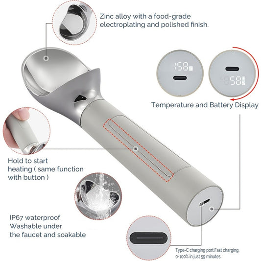 Heated Electric Ice Cream Scoop – USB-C Rechargeable with 3 Temperature Levels up to 158°F, Touch-Activated, IPX7 Waterproof, LED Display, Food Grade Stainless Steel, Ergonomic Design for Hard Ice Cream