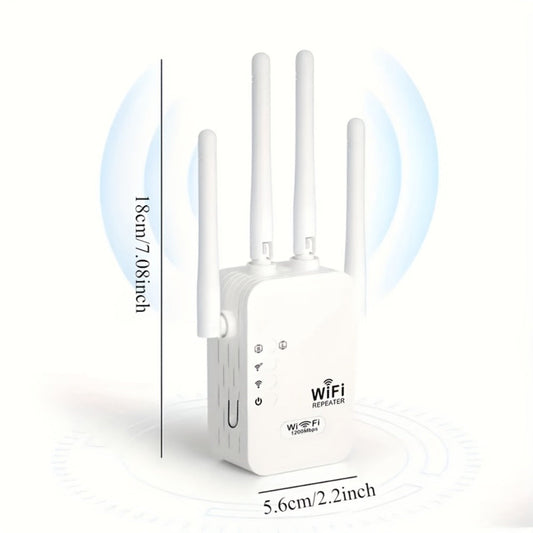 WiFi Extender 1300Mbps Dual Band AP & Relay Mode - 4 Powerful Antennas Full House Coverage, Ethernet Port, Eliminates Dead Zones, for Home Office Gaming Streaming, White Black