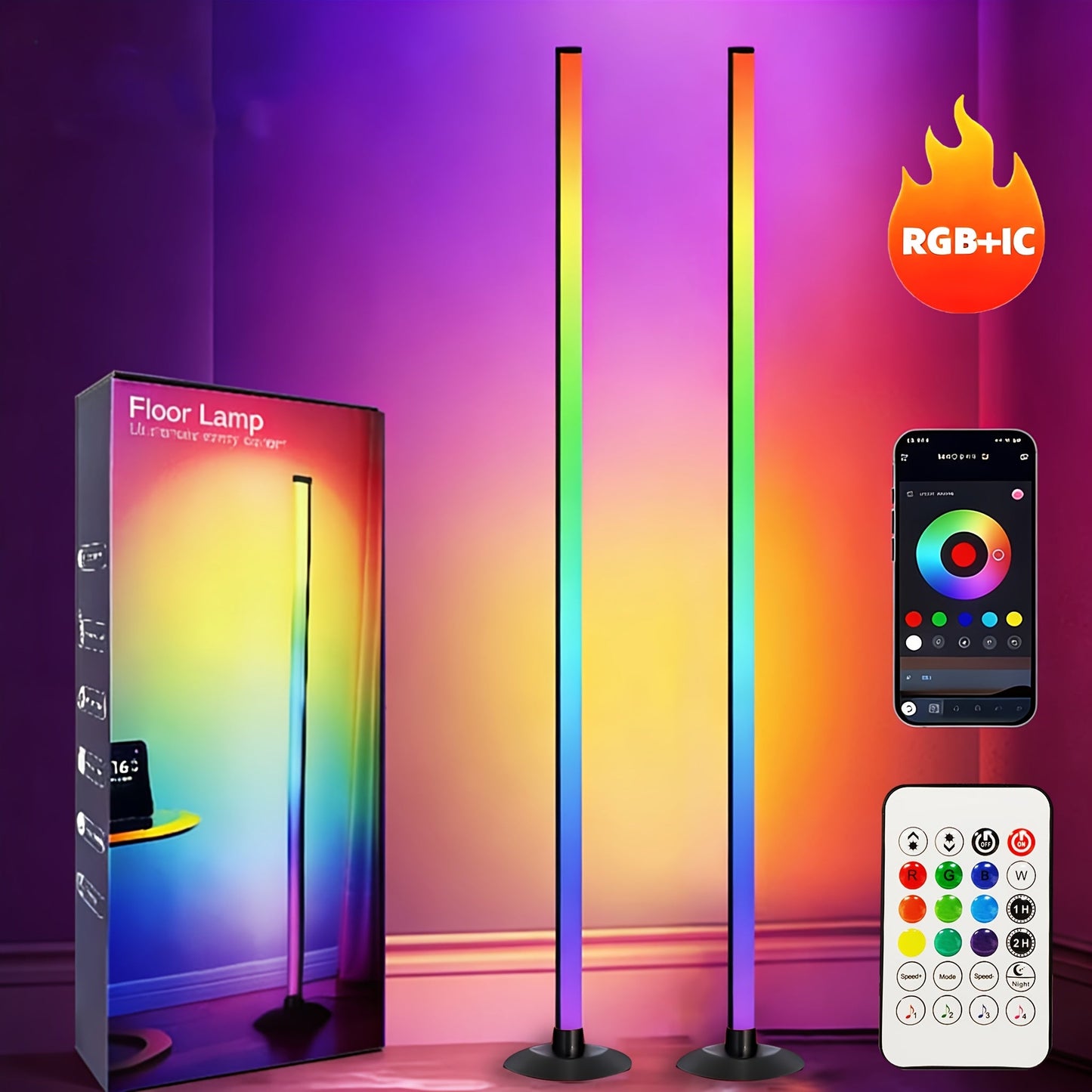 Slim RGB+IC Corner Floor Lamp with Segmented Light Bar, App and Remote Controls, Music Sync and One- or Two-Lamp Options