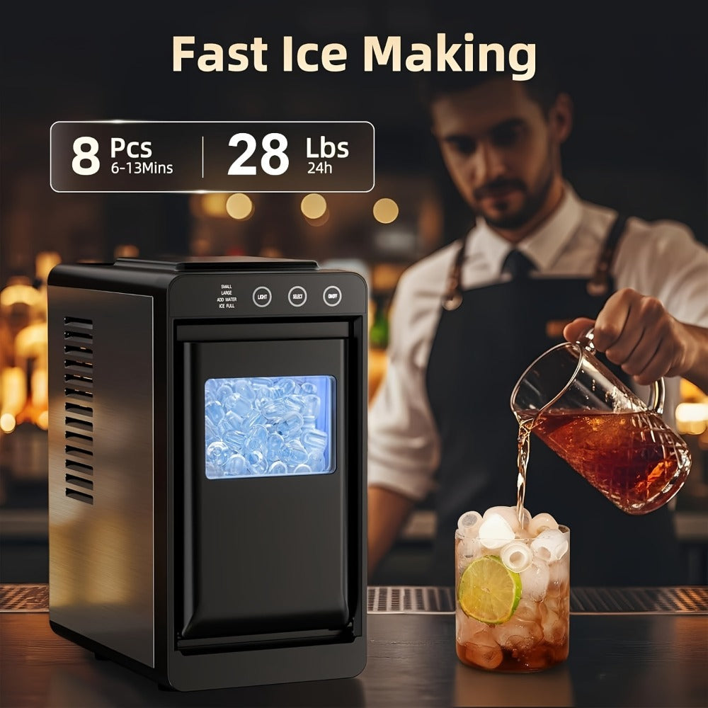 Black Countertop Ice Maker with 28 lb Daily Label, 8 Cubes per 6 Minutes, 27 oz Tank and Scoop