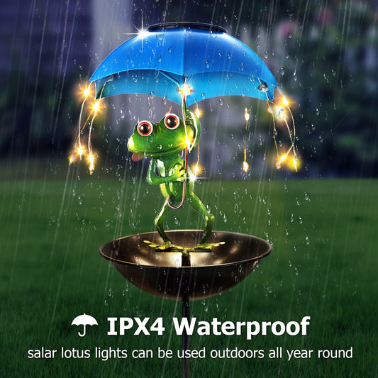 Solar Frog Statue Garden Light with Bird Feeder & LED String Decor