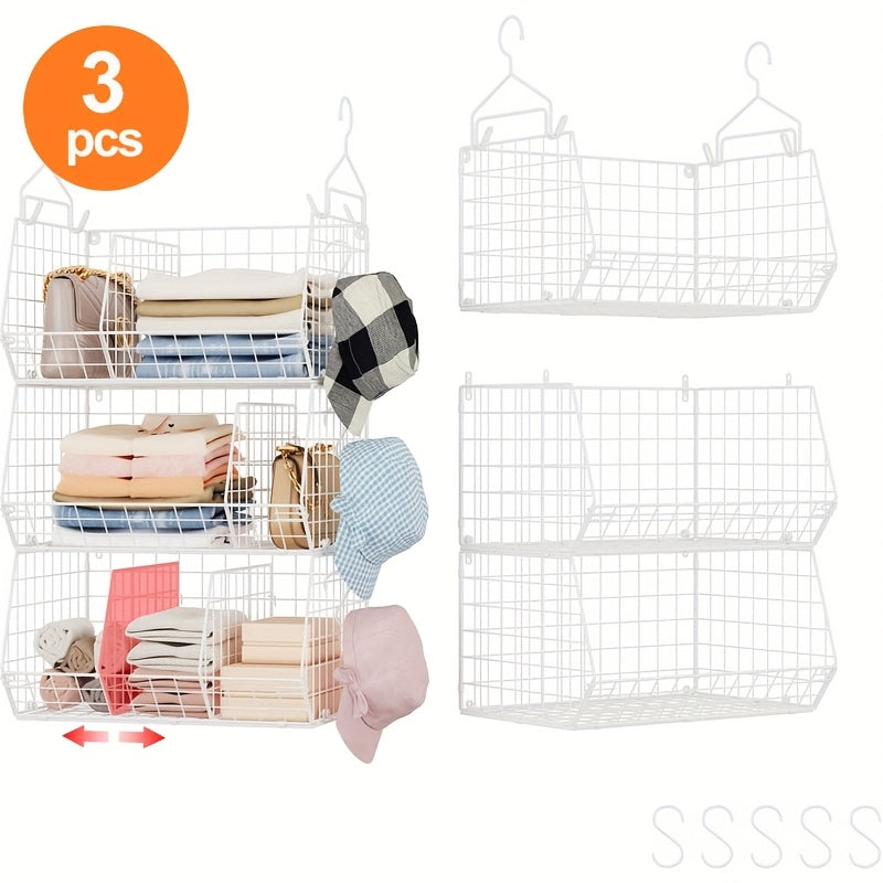 Three-Piece Hanging Wire Basket Organizer Set with Rotating Hooks in Black or White for Shelf Storage