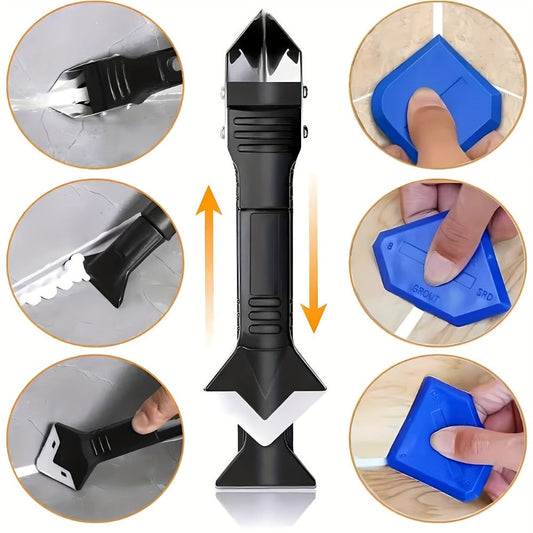 Grout Removal Tool Set 6-in-1 with 5 Replaceable Stainless Steel Blades – Multi-Function Tile Grout Scraper, Putty Knife & Caulk Gun for Kitchen, Bathroom, Floor & Window Renovation