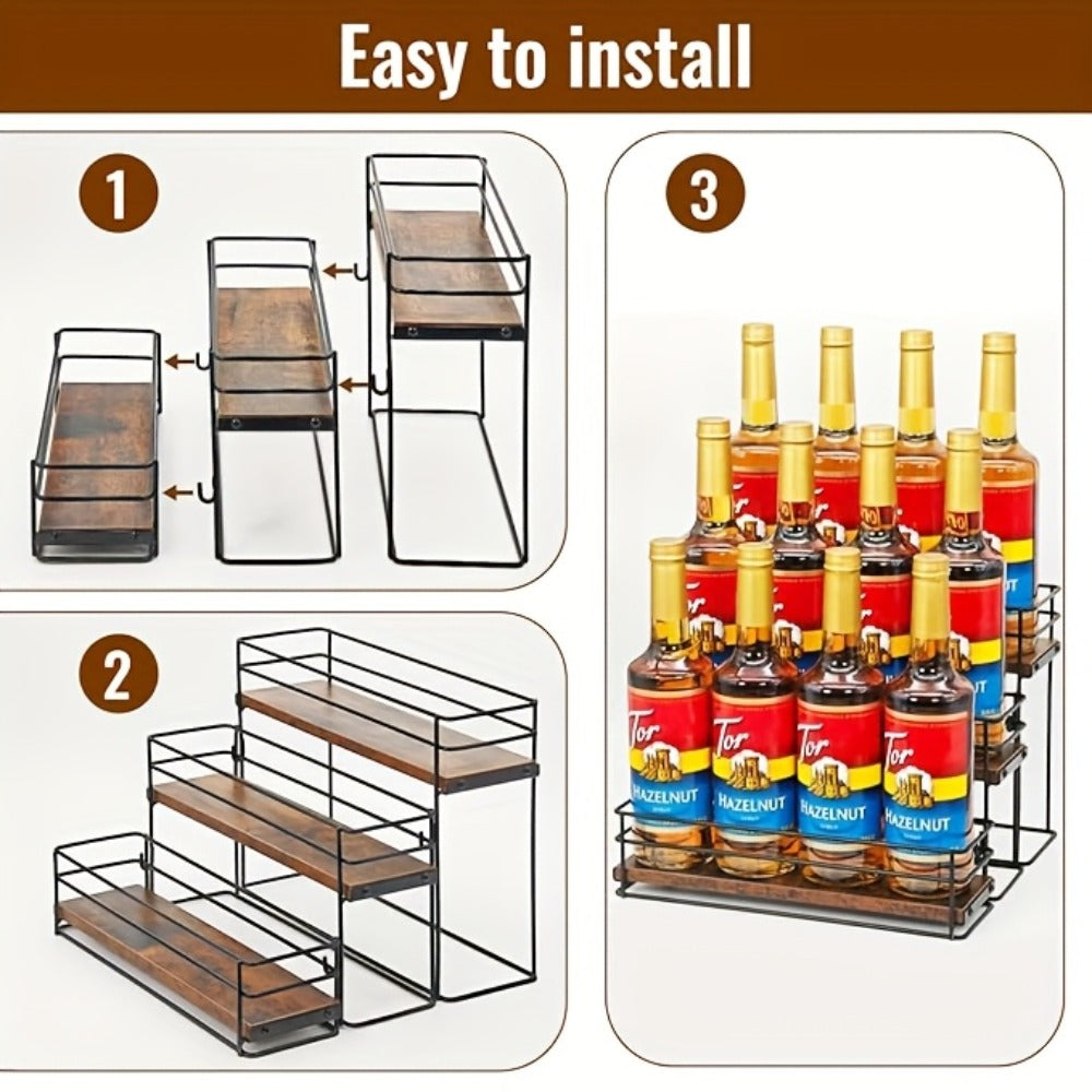 Three-Tier Countertop Bottle Rack with Black Metal Frame, Wood-Look Shelves and Twelve-Bottle Layout