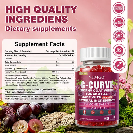 Women's Curve Enhancement Gummies with Maca Root Saw Palmetto Tribulus Terrestris L-Arginine — Natural Body Volumizing & Hormonal Balance Support | Grape Flavor | 60 Count
