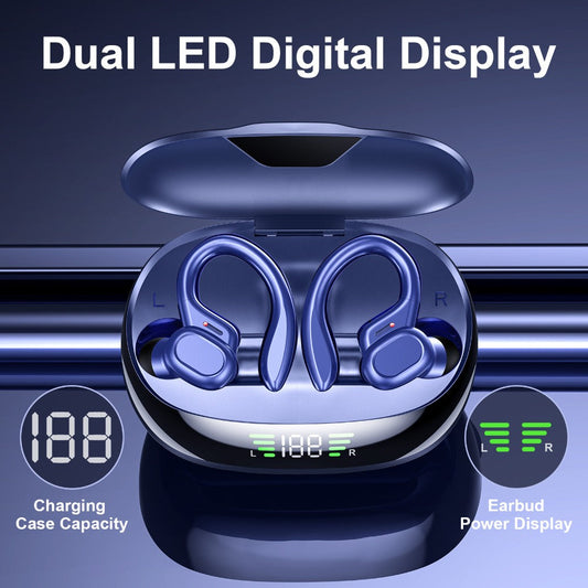 Wireless Earbuds Bluetooth 5.4 Sport Earhooks with LED Battery Display in Black, Red or Blue