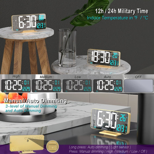 Large Digital Alarm Clock 6.7" with Dual Alarm & Dimmable LED Display – USB Powered Desk Clock with Temperature, Date & Day of Week | Modern Golden Bedside Clock for Bedroom, Living Room & Office