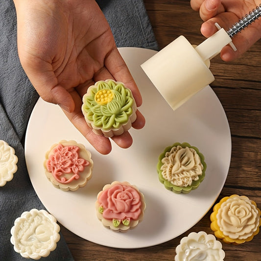Mooncake Mold 7pcs Set, 50g Hand Press Moon Cake Maker with 6 Flower Pattern Stamps, Mid-Autumn Festival Cookie Stamp Pastry Tool, Plastic Mooncake Press Mold for DIY Baking