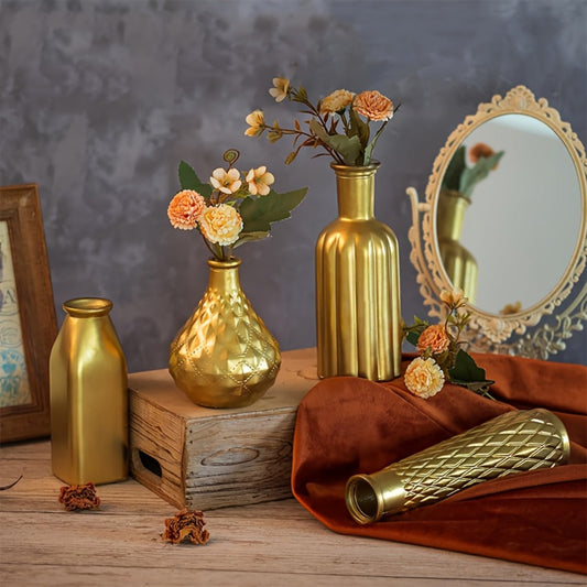 Golden Glass Vase Art Deco Cylindrical Flower Vase, Gold Electroplated Finish, Holds Water, Table Centerpiece for Living Room, Kitchen, Bedroom, Bathroom, Holiday Decor
