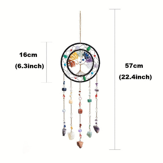 Crystal Wind Chime Suncatcher with Life Tree Pendant - Handmade Bohemian Shattered Stone Woven Hanging Decor for Outdoor Garden Window Porch, Christmas Wedding Birthday New Year Gift