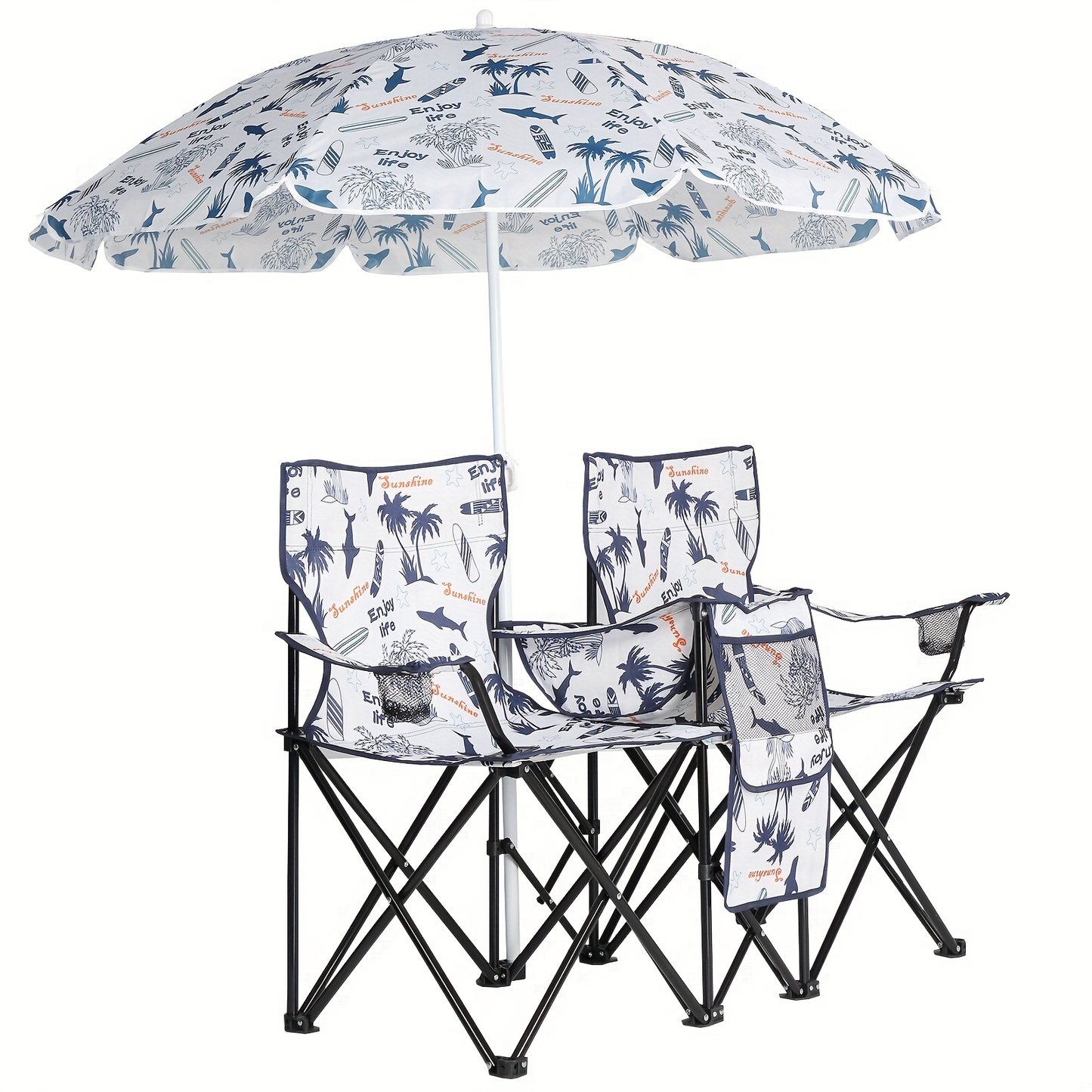 Portable Folding Chair with Removable Sun Umbrella - 2-Seat Outdoor Foldable Chair, Steel Frame Oxford Fabric, Lightweight Sun Shade Seat for Fishing Beach Camping Sunbathing Outdoor Activities