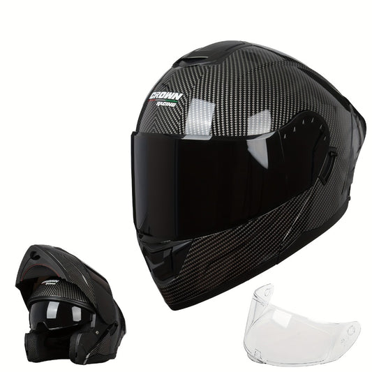 Carbon Fiber Pattern Motorcycle Helmet – Modular Flip-Up Full Face Helmet, Lightweight Motorbike Helmet for Men & Women, Street Riding Safety Helmet M/L/XL