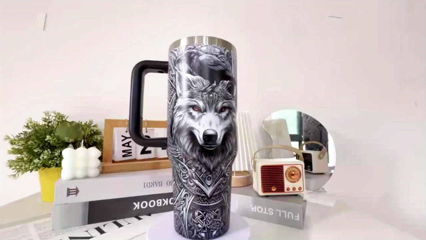 40oz Wolf-and-Raven Graphic Handled Tumbler with Black Lid, Straw and 10 x 26.8 cm Pictured Size