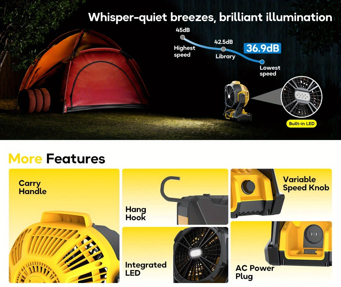 Yellow Cordless Work Fan for Select DeWalt 20V Max Batteries with LED Light, Hanging Hook and Adjustable Tilt, Battery Not Included