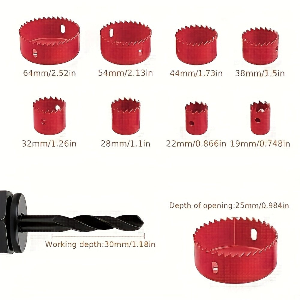 Eight-Piece Hole Saw Kit with 3/4- to 2-1/2-Inch Carbon Steel Cutters, Mandrel and Allen Wrench