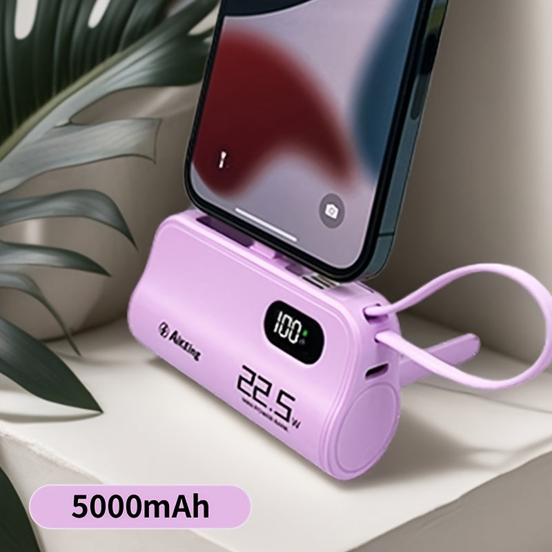 Mini Capsule Power Bank 5000mAh 22.5W Fast Charging Portable Charger Dual USB-C USB-A Pocket Sized for iPhone Android Samsung Travel Everyday Carry Black Pink Purple