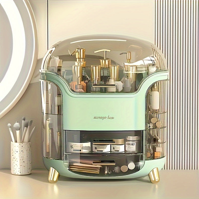 Covered Countertop Makeup Organizer with Transparent Display Top and Pull-Out Drawer in White or Green