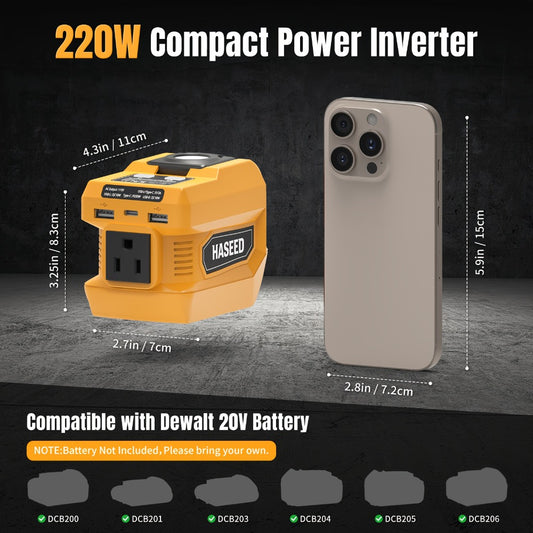 Portable Power Inverter 200W - DeWalt 20V Battery Compatible, DC to AC 110V, 2 USB + Type-C Fast Charging, 400LM Work Light, for Car, Camping & Outdoor Use