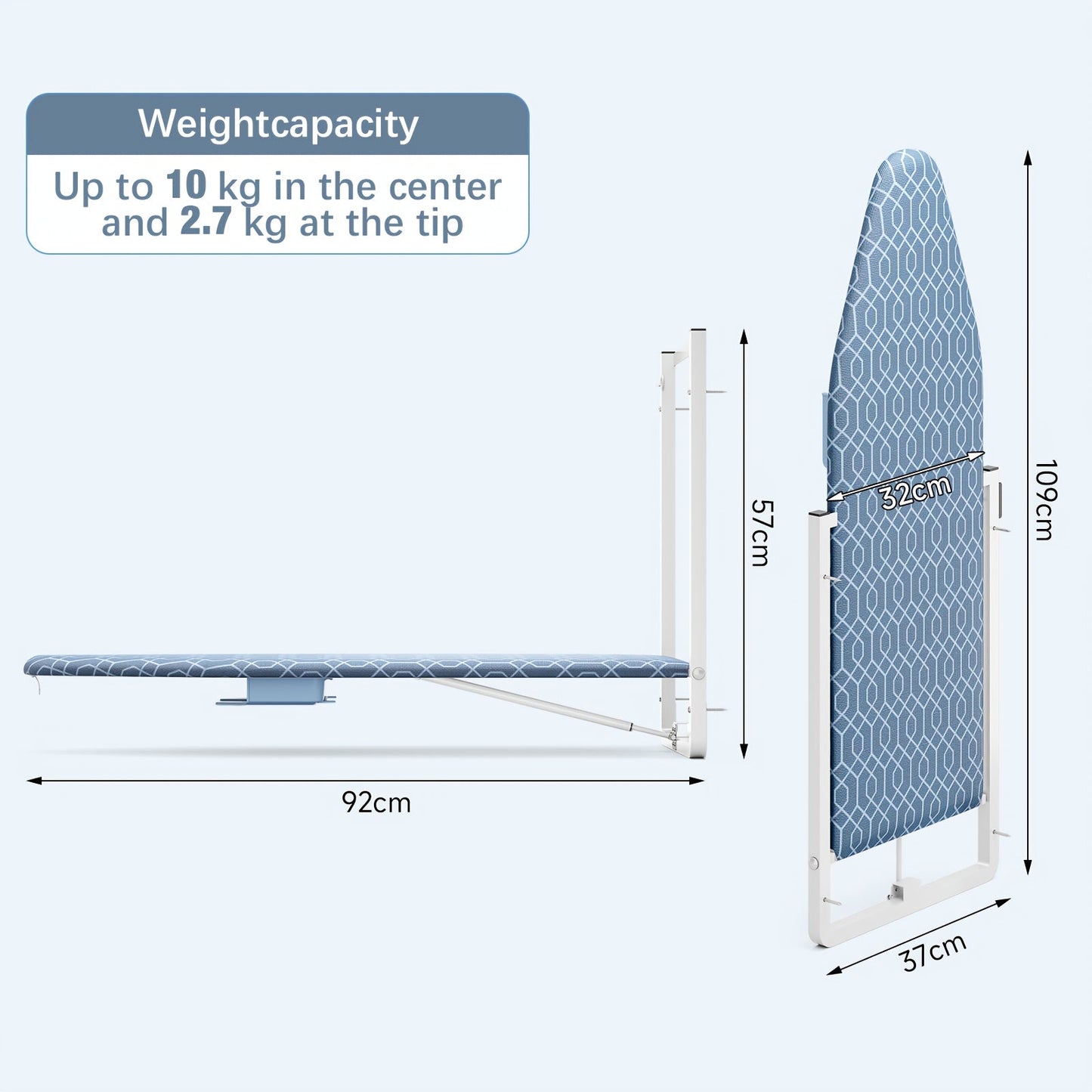 Wall-Mounted Fold-Down Ironing Board with 36-by-12-Inch Surface in Light Blue or Blue Covers