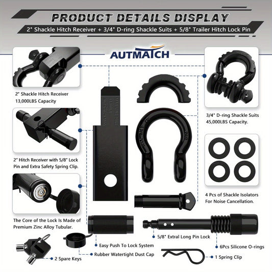 Shackle Hitch Receiver Kit 2 Inch – 45,000 lbs Break Strength, Drop-Forged Steel, Lock Pin & D-Ring, Fits Truck RV ATV Boat, 8 Colors, Towing Recovery Set