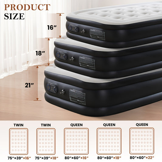 Inflatable Air Mattress with Built-In Pump - Double Height Adjustable, Non-Slip Bottom, Low Noise, 660 Lbs Capacity, Twin & Queen Sizes 16"/18"/22", for Outdoor Camping, Indoor Guest Bed, Backyard & Yard Use
