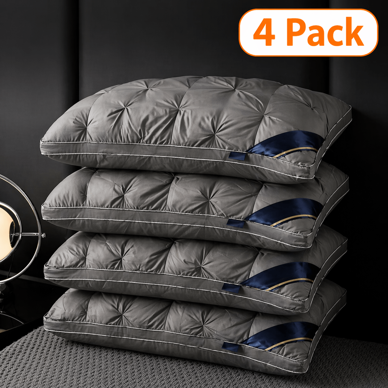 Soft Polyester Fiber Bed Pillow with Satin Cover and Zipper in White or Gray, One or Four-Pack Options