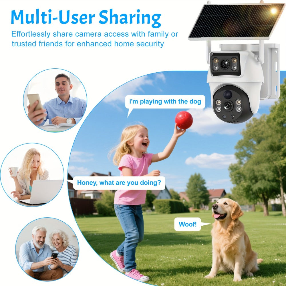 Dual-Lens Solar WiFi Security Camera with Pan-Tilt View, PIR Motion, Spotlight, Siren and Two-Way Audio