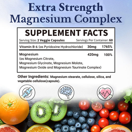 Magnesium Complex 420mg Capsules 120 Count with Vitamin B6 — 5-in-1 High Absorption Formula for Sleep Muscle Relaxation Nerve & Heart Health Support for Women and Men