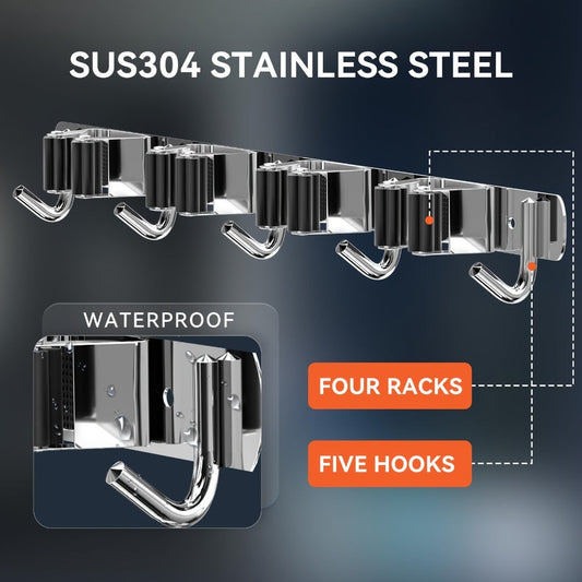 Wall Mounted Broom & Mop Holder – 304 Stainless Steel Broom Organizer with 4 Racks & 5 Hooks – Rustproof Non-Slip Wall Broom Hanger for Kitchen, Garage, Bathroom, Laundry & Closet Storage – 2 Pack