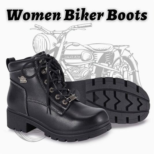 Women's Motorcycle Riding Boots, Low Heel Lace-Up Ankle Booties with Side Zipper, Non-Slip Rubber Sole Biker Combat Boots in Black Faux Leather, All-Season, US Sizes 6–11