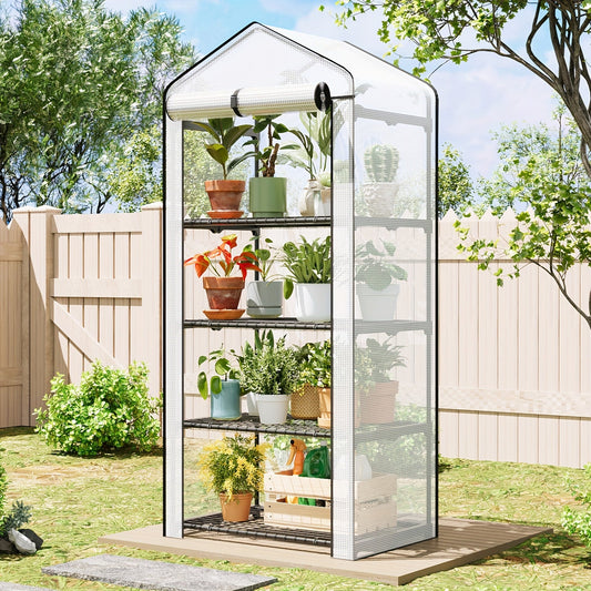 Garden Greenhouse Shelves 3/4-Layer Iron Frame with Durable PE Cover, Portable Indoor Outdoor Plant Greenhouse for Seedlings, Herbs & Flowers, White & Green