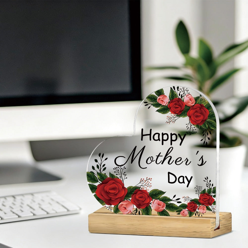 Mother's Day Heart-Shaped Acrylic Sign with Floral Print, 10.8 cm Height and Freestanding Wooden Base