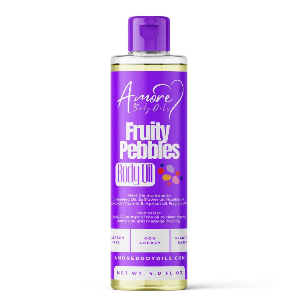 Fruity Pebbles Fragrance Body Oil in a Purple 4 fl oz Pump Bottle with Citrus, Caramel and Vanilla Notes