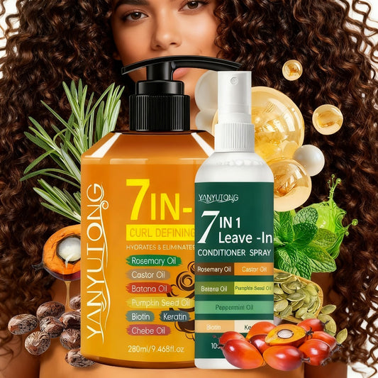 Hair Styling Cream & Leave-In Spray 2-Pack 7-in-1 Anti-Frizz Curl Enhancer – Rosemary Castor Batana Pumpkin Seed Oils Deep Moisture for All Hair Types 9.47oz + 3.38oz