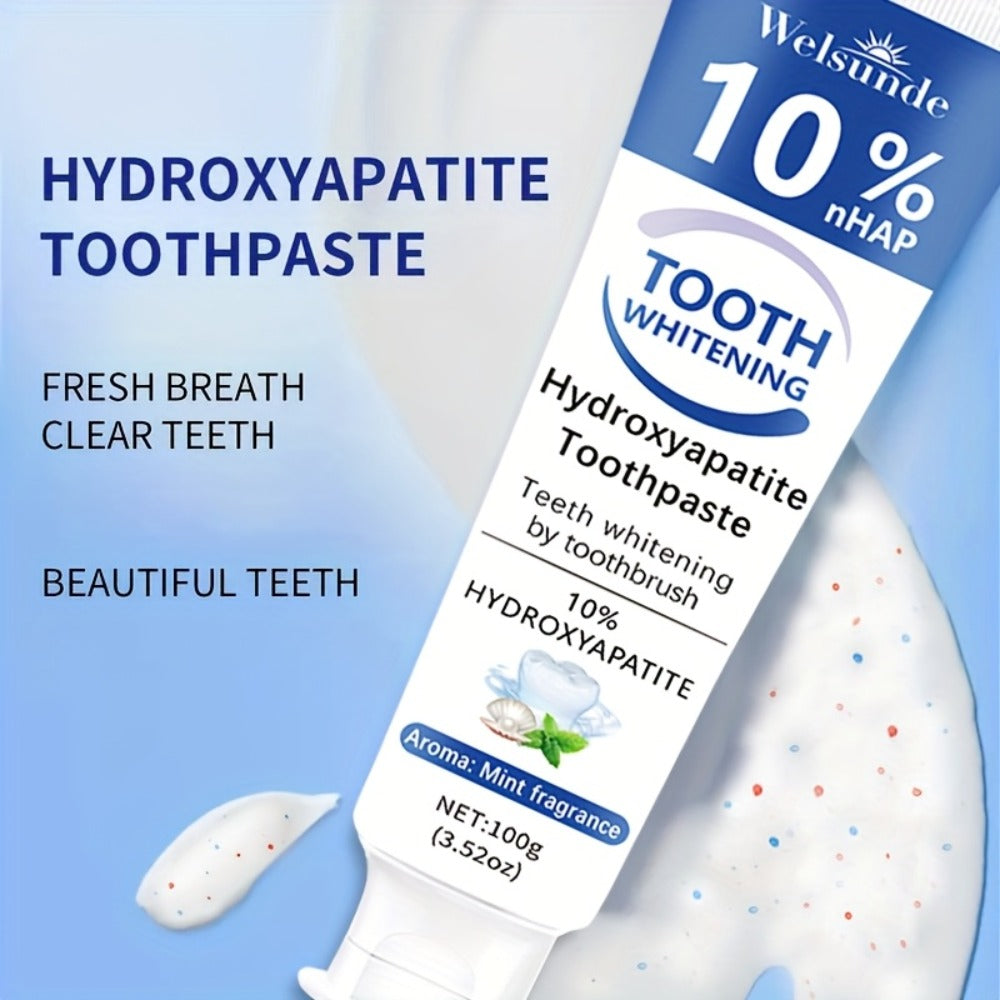 Two-Pack 100g Mint Toothpaste Tubes with 10% Hydroxyapatite Highlighted on the Package Labels