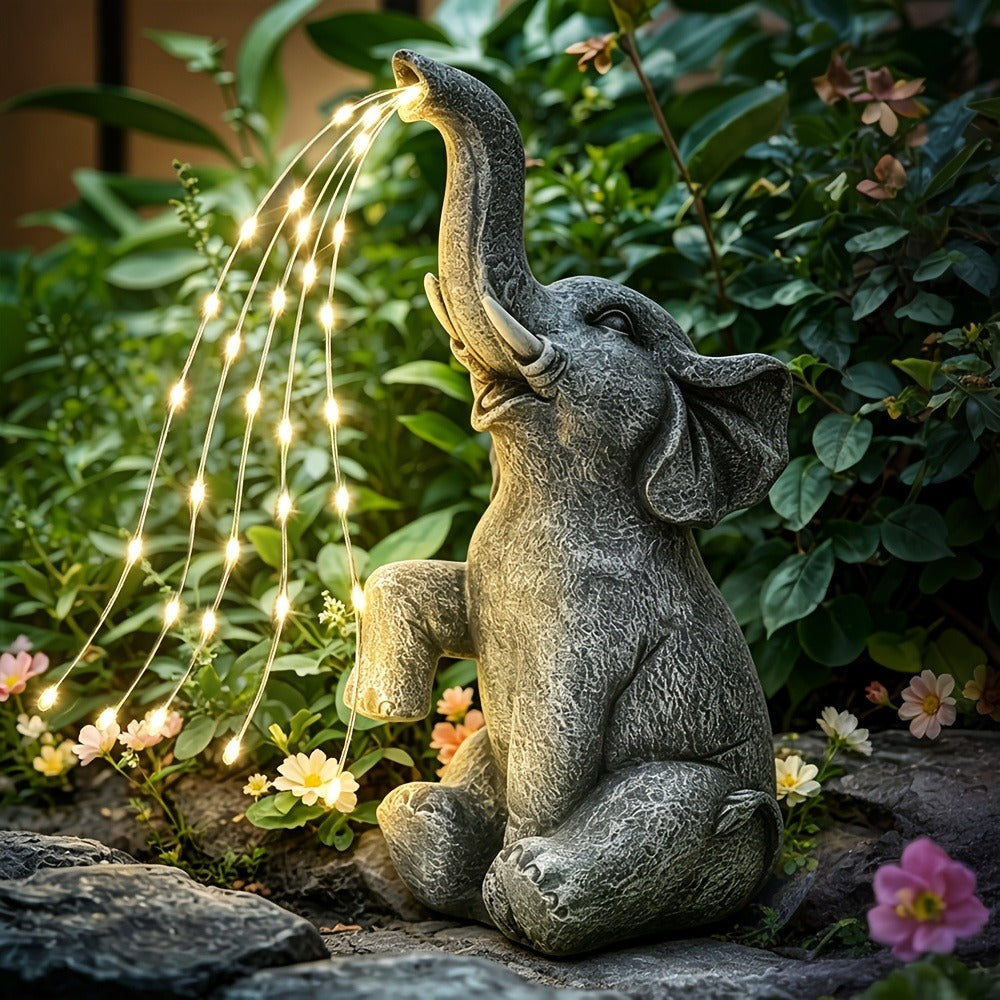 Solar Garden Light Elephant Sculpture with LED Water-Spray Effect, IP44 Rating and Freestanding Display