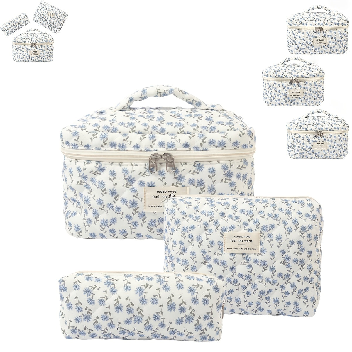 Three-Piece Floral Makeup Bag Set with Carry Handle, Gold-Color Zippers and Four Image-Bound Pattern Options