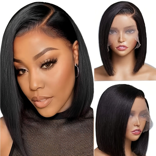 Lace Front Bob Wig Human Hair T Part 13x4 Pre-Plucked 180% Density Straight Side Part Natural Black Women 8 10 12 14 Inch Heat Styleable Undetectable Hairline