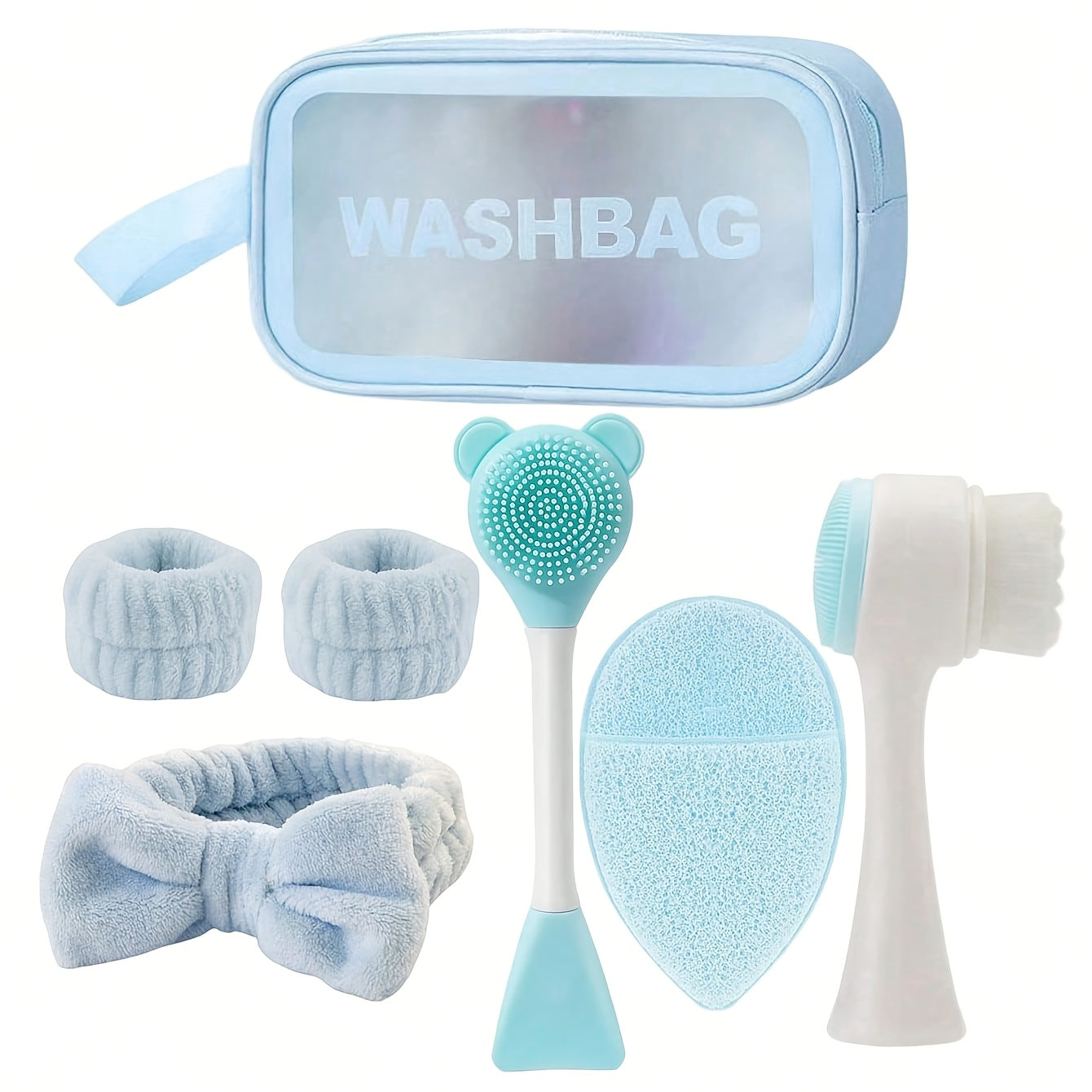7-Piece Facial Cleansing Brush Set with Wash Bag, Bow Headband, Wristbands and Skincare Applicators