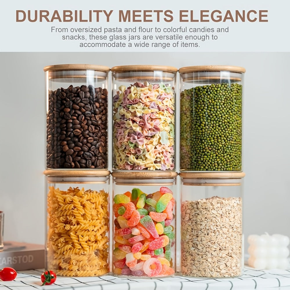 Glass Food Storage Containers Set of 6 with Bamboo Lids & Labels, 32oz Airtight Clear Glass Jars for Pantry Kitchen – Flour Sugar Tea Coffee Spice Herbs