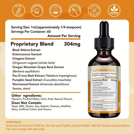 Pet Gut Wellness Drops with Black Walnut & Pumpkin Seed - Digestive Supplement for Dogs & Cats, Flora Balance, Intestinal Cleanliness & Overall Vitality, Natural Formula, 2 fl oz