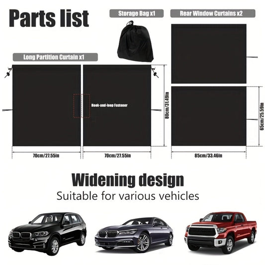 Car Privacy Curtain Set 3-Piece 99% Blackout | Extra-Large Rear Seat Divider & Side Window Curtains, Double-Layer Fabric, Fits Sedan SUV Pickup, Camping Sleep Sun Shield