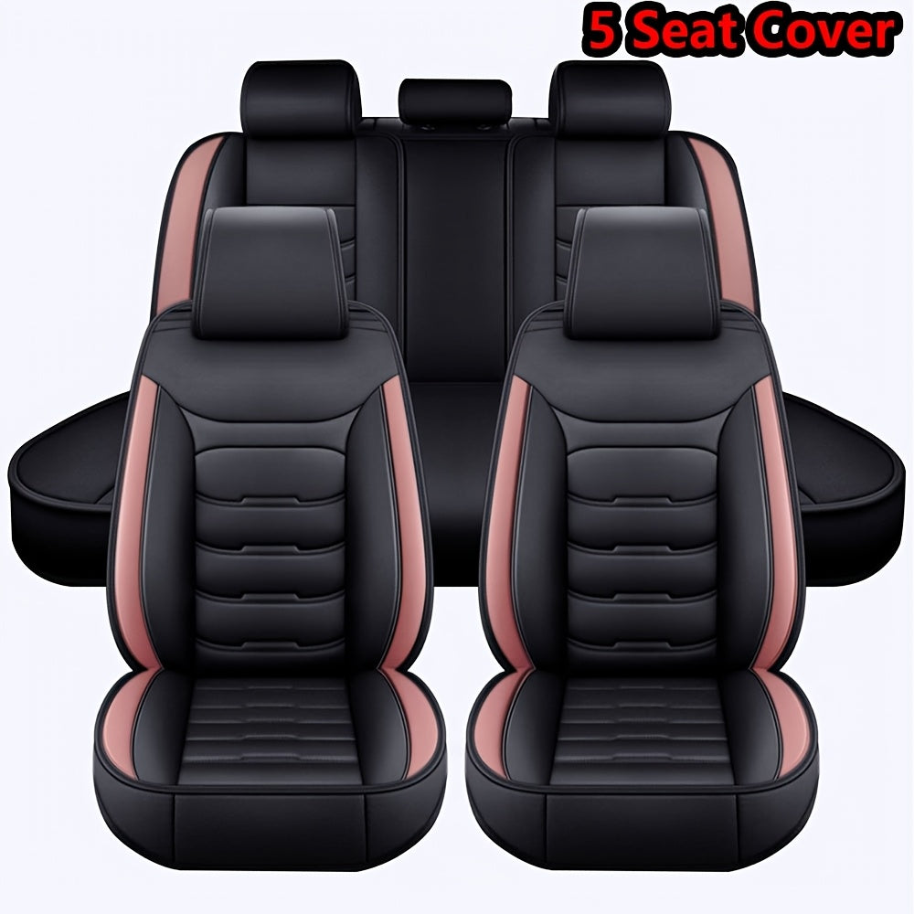 Car Seat Covers Full Set 5-Seat – Faux Leather Waterproof, Airbag Compatible, Front Storage Bag, Universal Fit Sedan SUV Truck Van, Luxury Brown / Pink / Black Pink