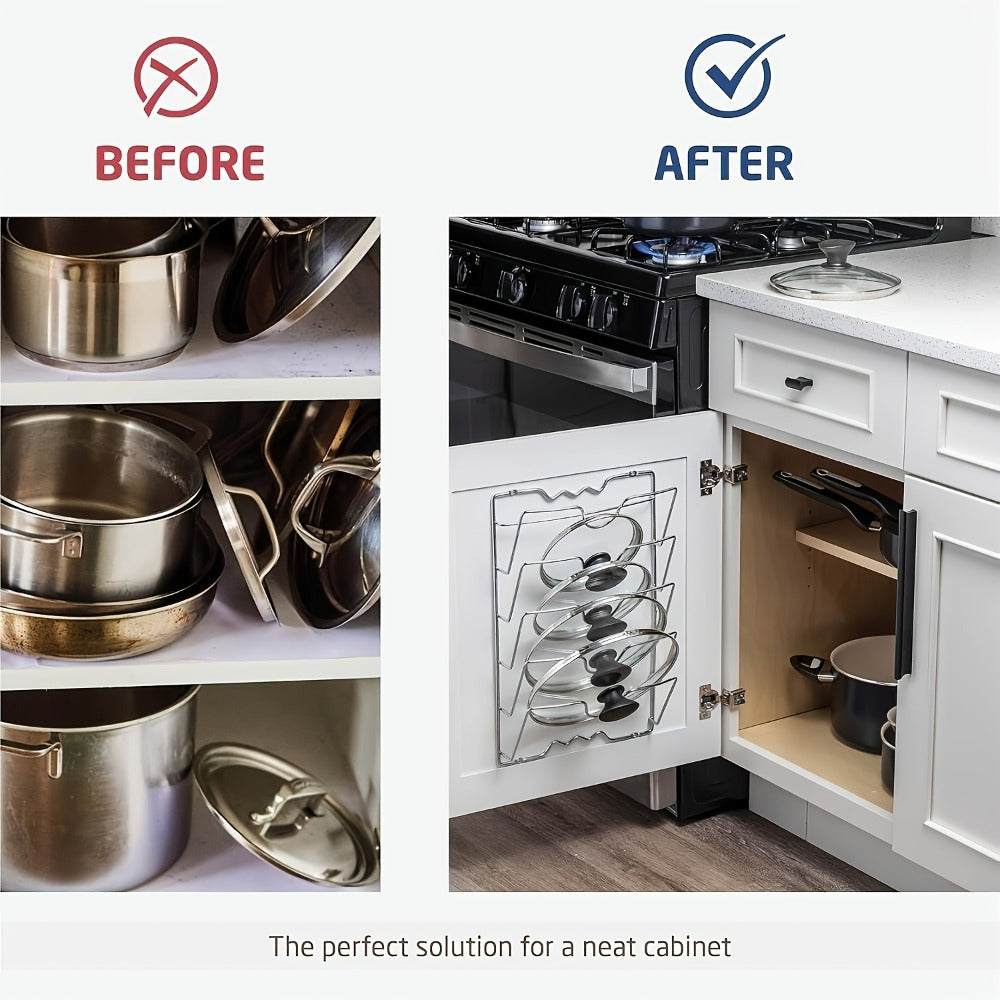 Wall-Mount Pot Lid Kitchen Organizer with Six-Tier Metal Rack for Cabinet Doors or Kitchen Walls